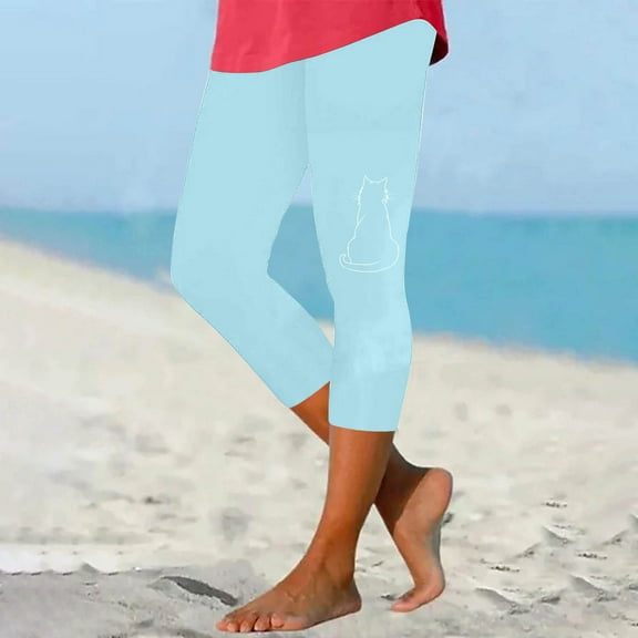 jjayotai Womens Capri Leggings, Cute Cat Printed Knee Length Running Tights Trousers Comfy Cropped Yoga Lounge Pants