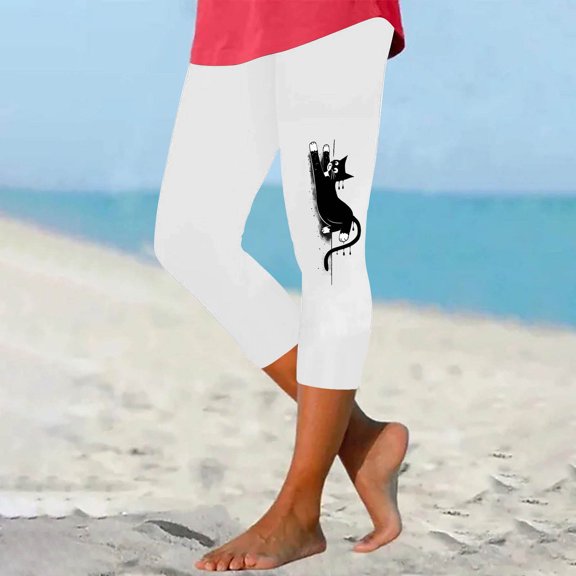 jjayotai Womens Capri Leggings, Cute Cat Printed Knee Length Running Tights Trousers Comfy Cropped Yoga Lounge Pants