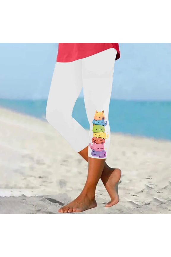 Womens Capri Leggings, Cute Floral Printed Knee Length Running Tights Trousers Comfy Cropped Yoga Lounge Pants