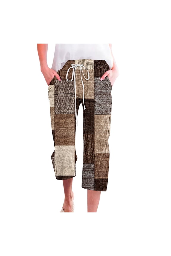 Womens Capri Pants, 2024 Summer Fall Fashion Casual Drawstring High Waist Linen Pant Print Straight Cropped Trousers