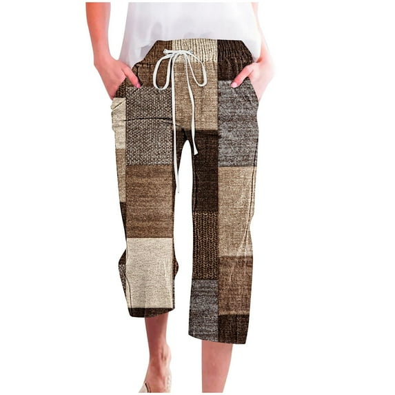 jjayotai Womens Capri Pants, 2024 Summer Fall Fashion Casual Drawstring High Waist Linen Pant Print Straight Cropped Trousers