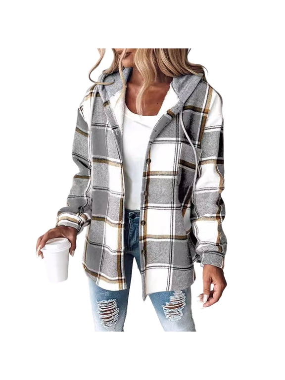 Womens Casual Jacket Plaid Hooded Fleece Lined Shacket | Lightweight Long Sleeve Flannel Jacket, Button Front Closure Warm Coat with Side Pockets, Daily Fall Winter Wear