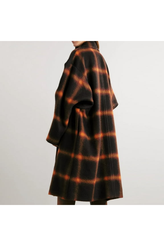 Womens Casual Long Plaid Jacket, Collared Button Overcoat Tartan Shacket Jacket Loose Fit Trench Coat Winter Outwear