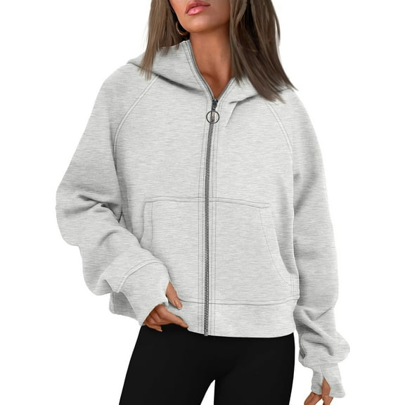 jjayotai Womens Casual Loose Hooded, Long Sleeve Zipper Solid Cardigan Blouse Thumb Sleeve Hoodie Sweatshirt Tops With Pocket