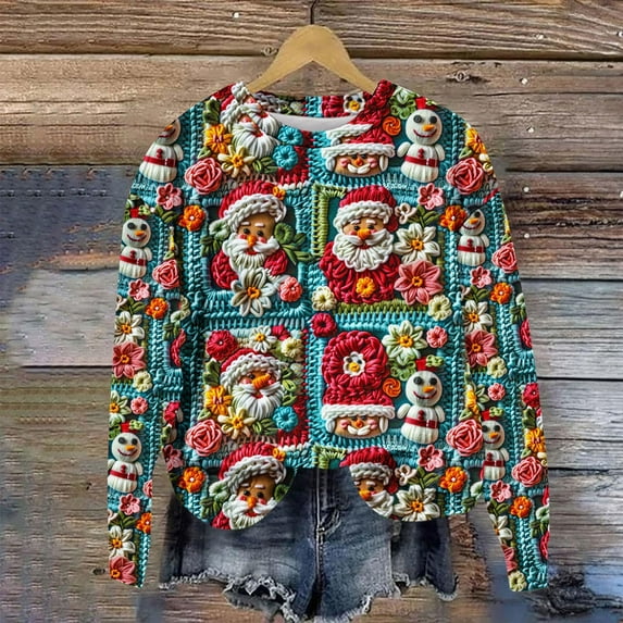 jjayotai Womens Christmas Sweatshirts, Cute Xmas Ugly 3D Graphic Print Sweaters Oversized Long Sleeve Round Neck Pullover Tops Multicolor M