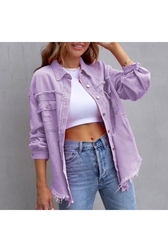 Womens Coat Clearance Women's Fashion Ripped Fringe Jean Jacke Long Sleeved Button Down Frayed Denim Smock With Pockets