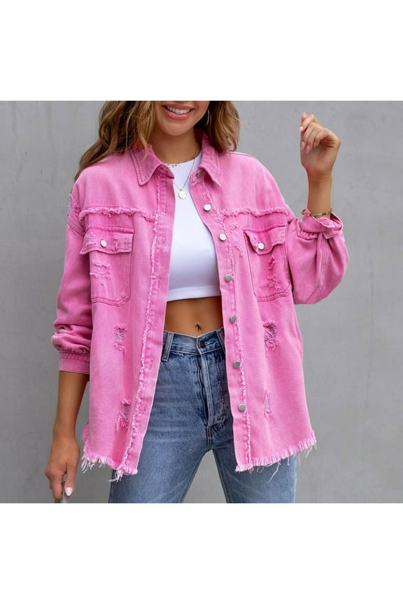 Womens Coat Clearance Women's Fashion Ripped Fringe Jean Jacke Long Sleeved Button Down Frayed Denim Smock With Pockets