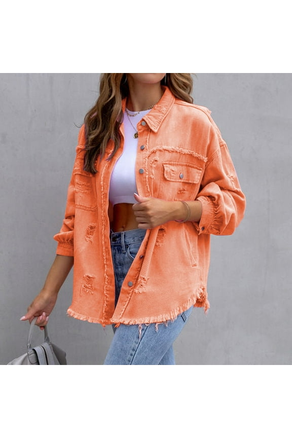 Womens Coat Clearance Women's Fashion Ripped Fringe Jean Jacke Long Sleeved Button Down Frayed Denim Smock With Pockets
