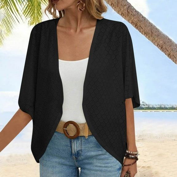 jjayotai Womens Coat Clearance Womens Fashion Casual Summer 3/4 Sleeve Eyelets Cardigan Solid Color Open Front Kimono Beach Coverup
