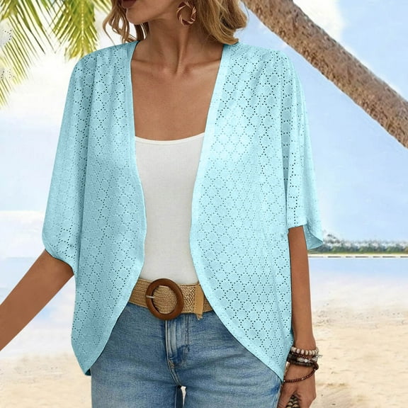 jjayotai Womens Coat Clearance Womens Fashion Casual Summer 3/4 Sleeve Eyelets Cardigan Solid Color Open Front Kimono Beach Coverup