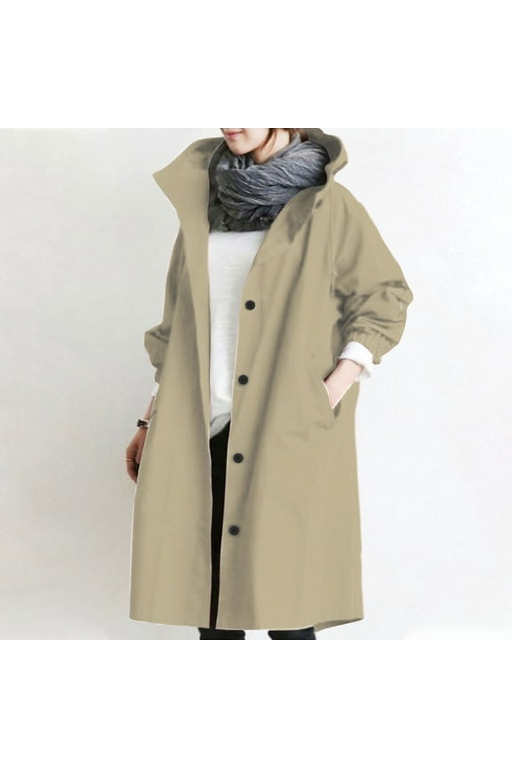 Womens Coat Tops Clearance Womens Trench Coats Plus Size Loose Rain Jacket Long Anorak Jackets Long Sleeve Button Down Hooded Waterproof Windbreaker Elegant Outerwear