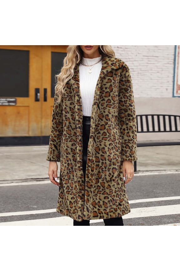 jjayotai Womens Coat Tops Clearance Women's Luxury Faux Fur Jackets Autumn Winter Leopard Printed Long Sleeve Trench Coats Loose Fur Cardigan With Pockets