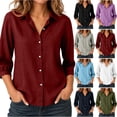 thumbnail image 1 of jjayotai Womens Cotton Linen Summer Tops 3/4 Length Sleeve Shirts Button down T Shirts Collared Blouses Work Casual Solid Tunic Tops, 1 of 7