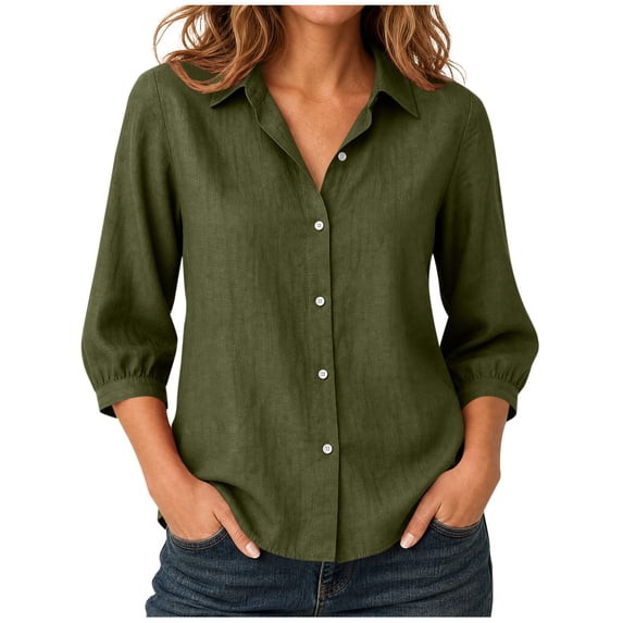 jjayotai Womens Cotton Linen Summer Tops 3/4 Length Sleeve Shirts Button down T Shirts Collared Blouses Work Casual Solid Tunic Tops
