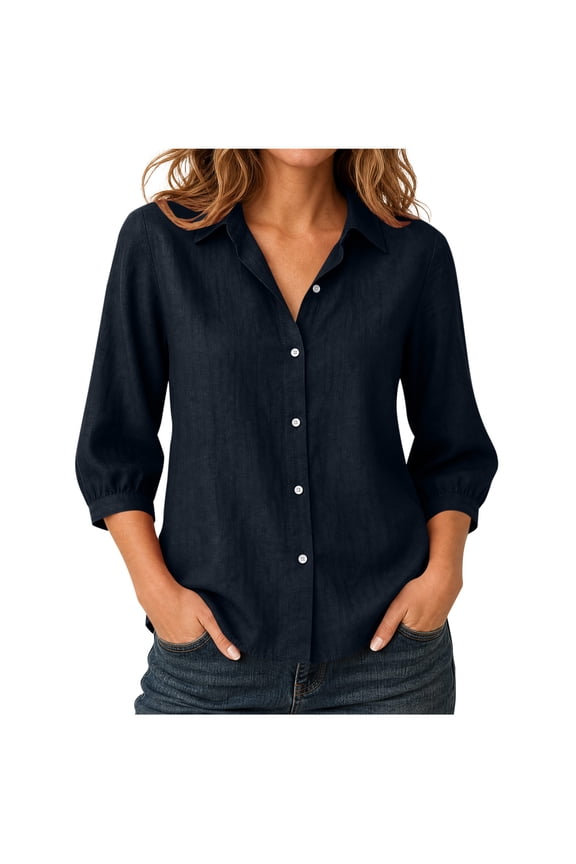 Womens Cotton Linen Summer Tops 3/4 Length Sleeve Shirts Button down T Shirts Collared Blouses Work Casual Solid Tunic Tops