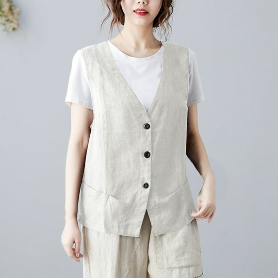 jjayotai Womens Cotton Linen Waistcoat, Casual Solid Vest Button Down V Neck Sleeveless Retro Cardigans Tops Beige XL