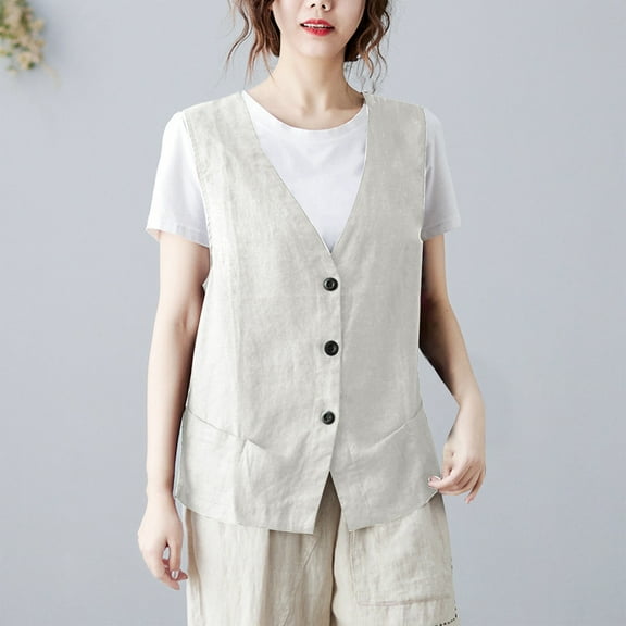 jjayotai Womens Cotton Linen Waistcoat, Casual Solid Vest Button Down V Neck Sleeveless Retro Cardigans Tops Beige XXL