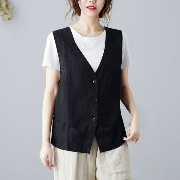 jjayotai Womens Cotton Linen Waistcoat, Casual Solid Vest Button Down V Neck Sleeveless Retro Cardigans Tops Black L