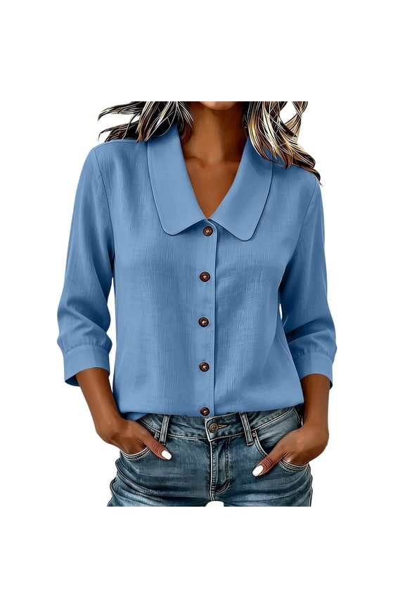 Womens Cotton Summer Tops Peter Pan Collar Shirt Half Sleeve Puff Cuff Button down T Shirts Casual Work Blouses