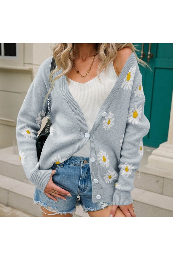 Womens Cute Daisy Printed Cardigan Button Down Jacquard Knit Sweater Tops