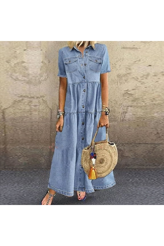 Womens Dresses Fashion Women Button Loose Solid V-neck Lmitation Denim Short Sleeve Long Dress Flash Picks Light blue