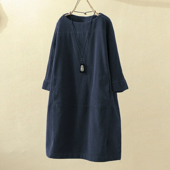 jjayotai Womens Dresses Women Vintage Pockets Corduroy Solid Color Long Sleeve Loose Casual Dress Flash Picks Blue