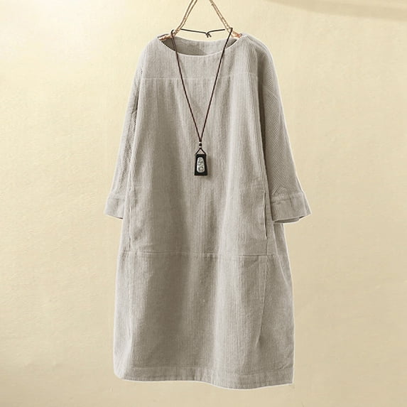 jjayotai Womens Dresses Women Vintage Pockets Corduroy Solid Color Long Sleeve Loose Casual Dress Flash Picks Gray
