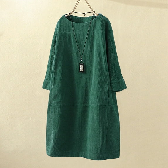 jjayotai Womens Dresses Women Vintage Pockets Corduroy Solid Color Long Sleeve Loose Casual Dress Flash Picks Green