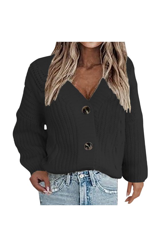 Womens Fall Button Down Cardigan Sweater, Loose V-Neck Ribbed Chunky Knit Cardigans Tops