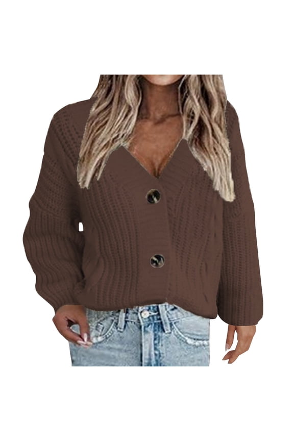 Womens Fall Button Down Cardigan Sweater, Loose V-Neck Ribbed Chunky Knit Cardigans Tops