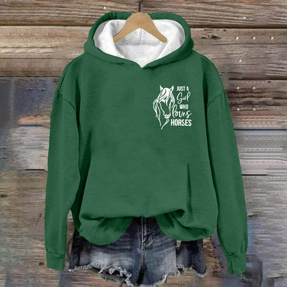 jjayotai Womens Fall Winter Hoodies, Casual Retro Horse Front And Back Printed Hooded Pocket Long Sleeve Pullover Blouse Sweatshirt Tops