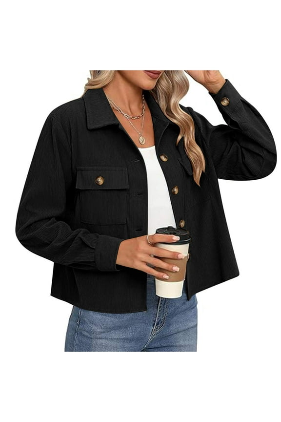 Womens Fashion Cropped Shackets, Corduroy Button Down Crop Jackets Tops Long Sleeve Shirts Trendy 2024 Black L