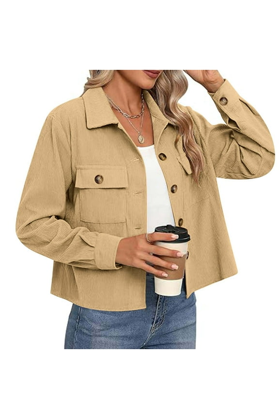 Womens Fashion Cropped Shackets, Corduroy Button Down Crop Jackets Tops Long Sleeve Shirts Trendy 2024 Khaki XXL