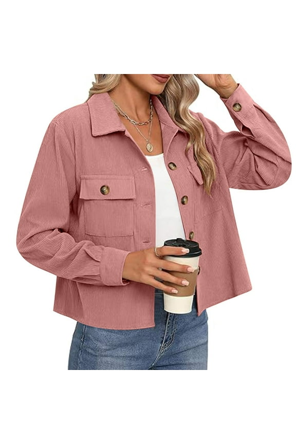 Womens Fashion Cropped Shackets, Corduroy Button Down Crop Jackets Tops Long Sleeve Shirts Trendy 2024 Pink S