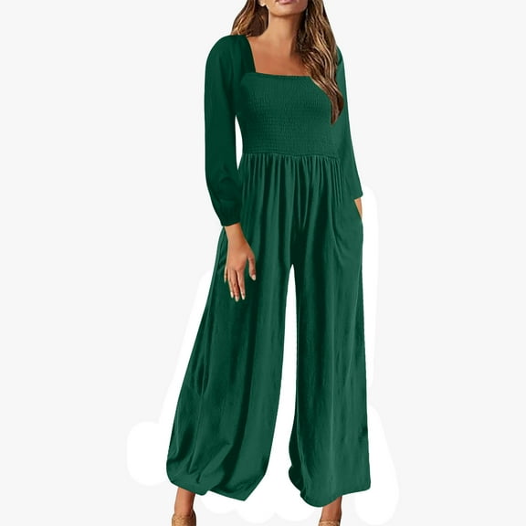 jjayotai Womens Jumpsuit, Casual Loose Jumpsuit Long Sleeved Wide Leg Trouser With Pockets Army Green XL