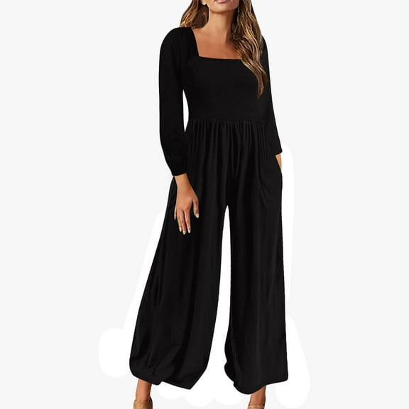 jjayotai Womens Jumpsuit, Casual Loose Jumpsuit Long Sleeved Wide Leg Trouser With Pockets Black XXXL