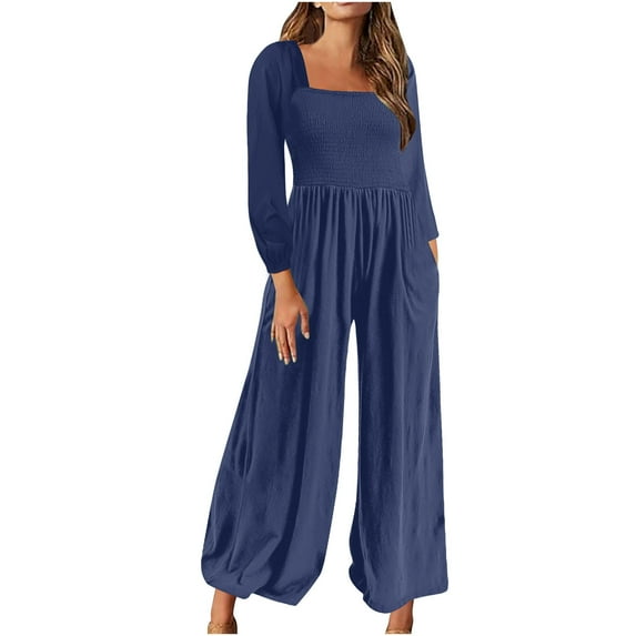 jjayotai Womens Jumpsuit, Casual Loose Jumpsuit Long Sleeved Wide Leg Trouser With Pockets Blue XXXXL