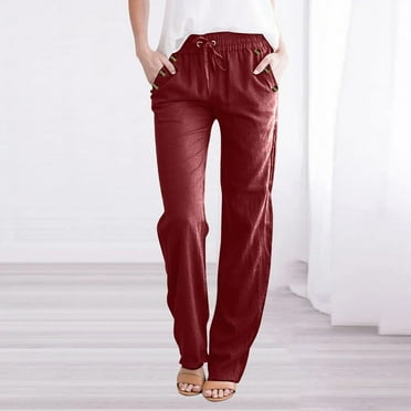 jjayotai Womens Linen Pants, Summer Fall Casual Straight Fit Elastic Waisted Drawsting Trousers with Pockets Wine L
