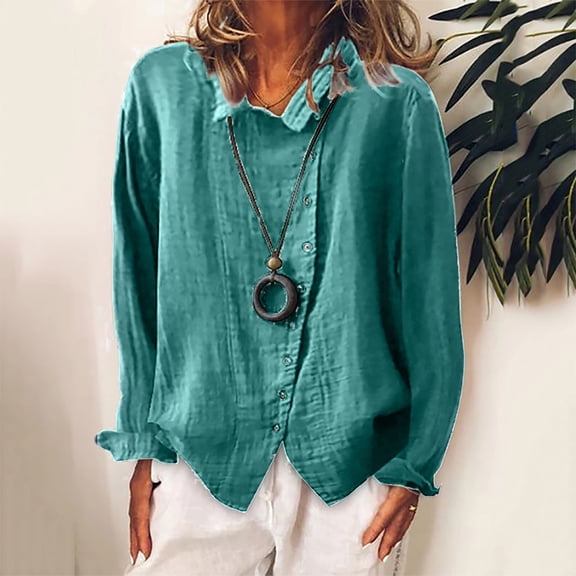 jjayotai Womens Long Sleeve Round Neck Fashion Women Cotton Linen Casual Buttons Long Sleeves T-Shirt Blouse Tops