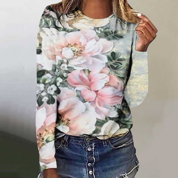 jjayotai Womens Long Sleeve Round Neck Women's Fashion Printed T-shirt 3/4 Sleeves Blouse Round Neck Casual Tunic Tops