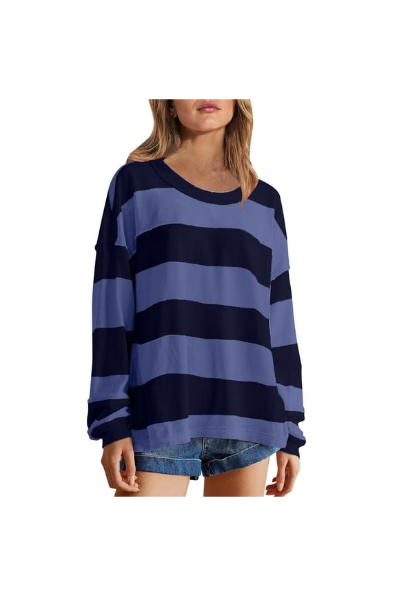 Womens Long Sleeve Round Neck Women's Fashionable Loose Fitting Casual Color Blocking Stripe Round Neck Long Sleeved Top