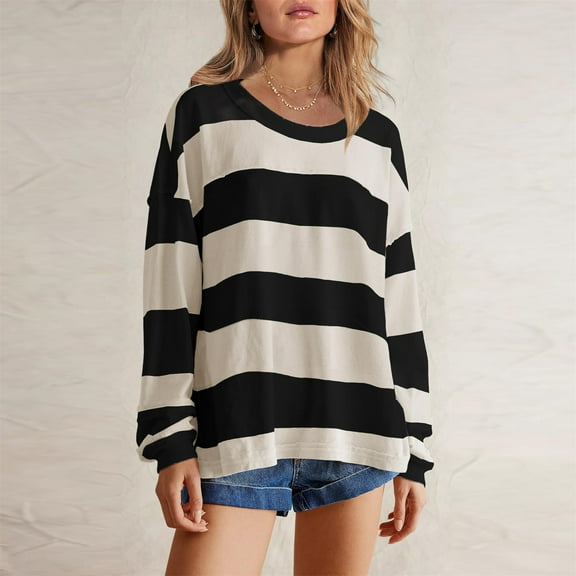 jjayotai Womens Long Sleeve Round Neck Women's Fashionable Loose Fitting Casual Color Blocking Stripe Round Neck Long Sleeved Top