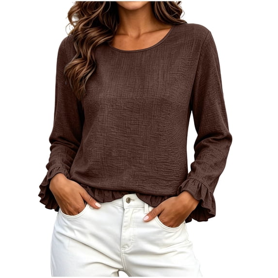 jjayotai Womens Long Sleeve Shitrs Fall Tshirts Ruffle Flowy Crew Neck Dressy Casual Blouses 2026 Trendy Cute Work Outfits