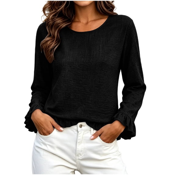 jjayotai Womens Long Sleeve Shitrs Fall Tshirts Ruffle Flowy Crew Neck Dressy Casual Blouses 2026 Trendy Cute Work Outfits