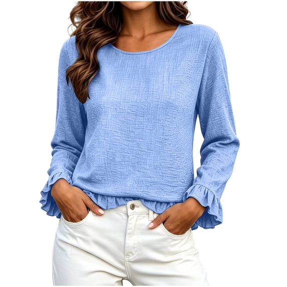 jjayotai Womens Long Sleeve Shitrs Fall Tshirts Ruffle Flowy Crew Neck Dressy Casual Blouses 2026 Trendy Cute Work Outfits