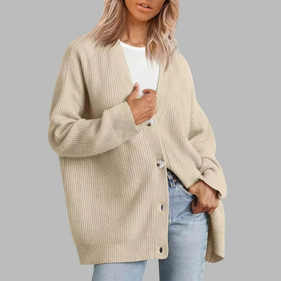 jjayotai Womens Oversized Cardigan Sweater, Fall Winter Outfits Clothes Fashion V Neck Knit Button Front Casual Trendy Tops Beige XS