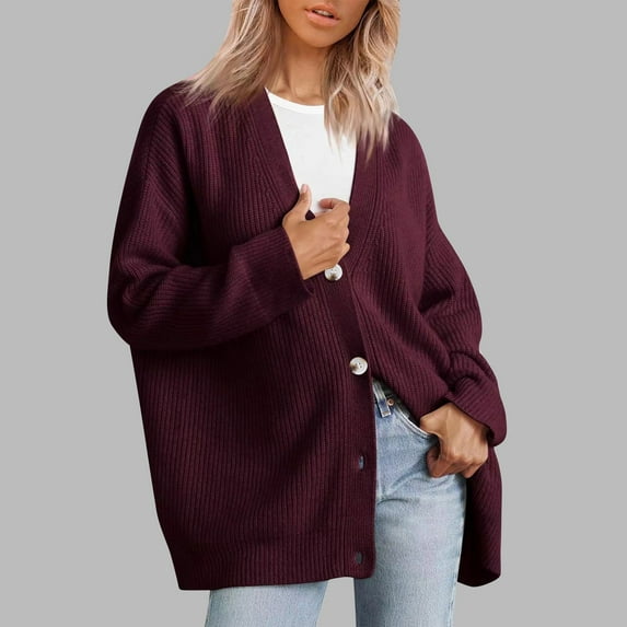 jjayotai Womens Oversized Cardigan Sweater, Fall Winter Outfits Clothes Fashion V Neck Knit Button Front Casual Trendy Tops Wine XS