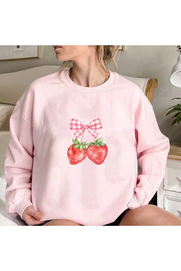 Womens Oversized Sweatshirt, Cute Strawberry Bow Print Crewneck Pullover Top Casual Long Sleeve Shirt 2024 Fall Clothes