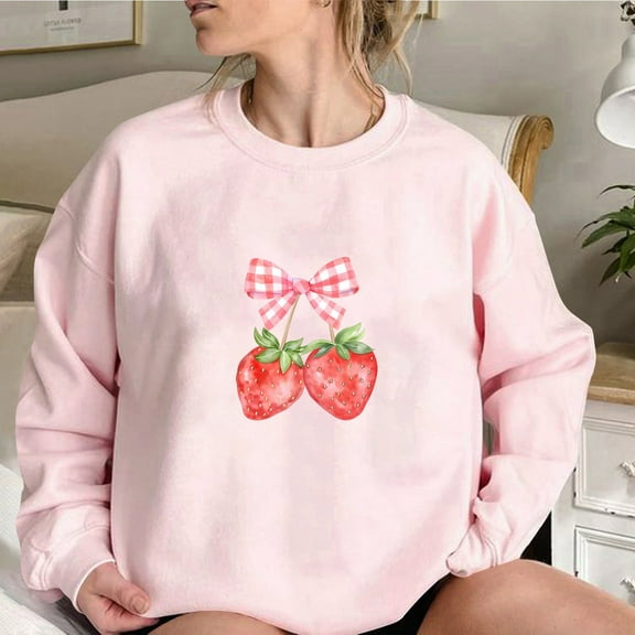jjayotai Womens Oversized Sweatshirt, Cute Strawberry Bow Print Crewneck Pullover Top Casual Long Sleeve Shirt 2024 Fall Clothes