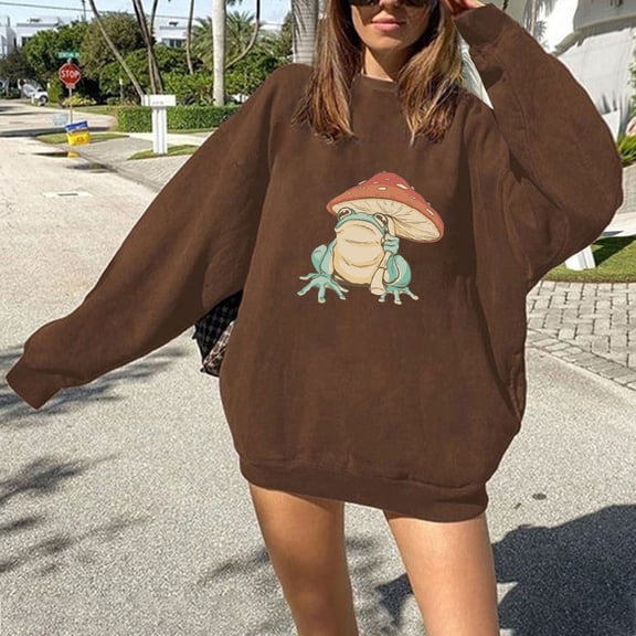jjayotai Womens Oversized Y2k Sweatshirt, Long Sleeve Crew Neck Mushroom Frog Graphic Fall Tops Trendy Plus Size Pullover Comfy Shirts